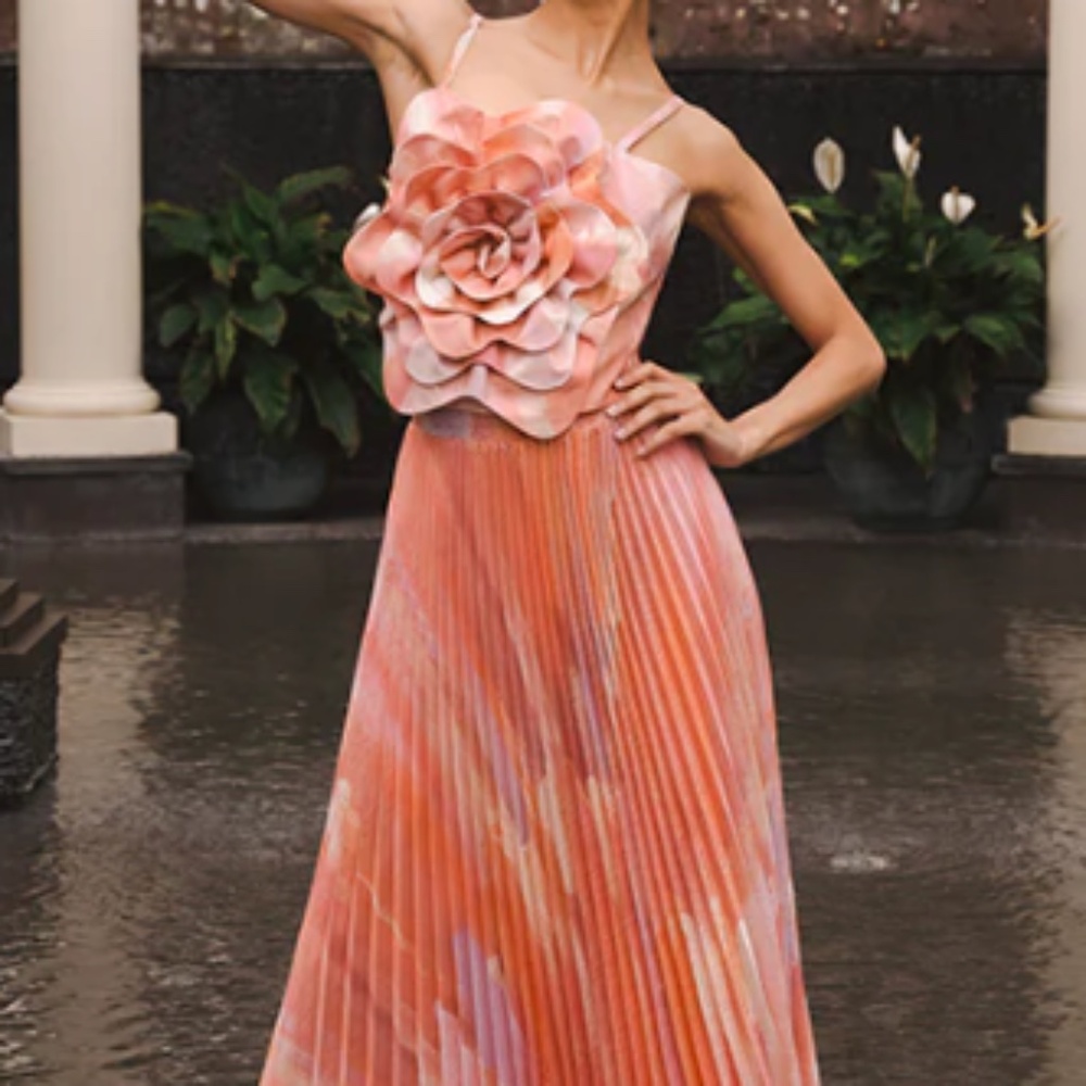 Pink floral mestiza Dress (Dominique Pleated A-Line Convertible Gown)
